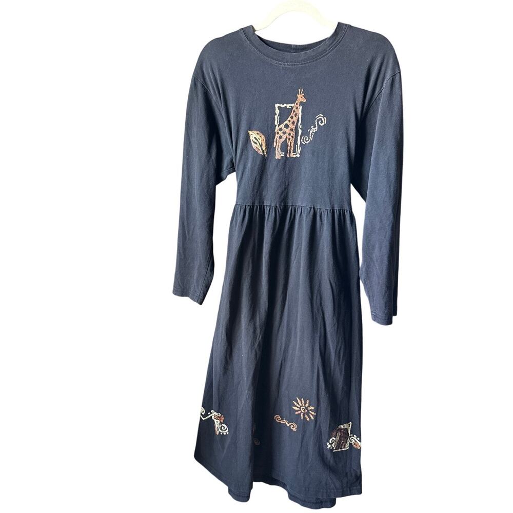 LA Artwear Maxi Dress Large Black Cotton Quirky Giraffe Safari Zoo Africa Earthy